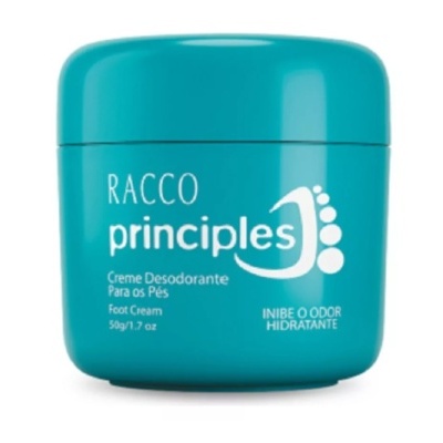 Creme desodorizante para os pés em recipiente azul turquesa com texto branco