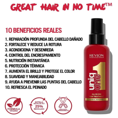 Frasco vermelho de tratamento capilar Uniq One da Revlon Professional com texto em espanhol sobre benefícios e características.