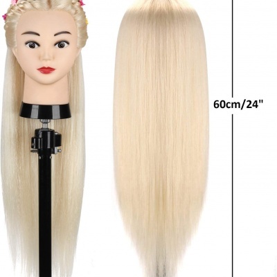 Cabeça de manequim com cabelo loiro longo em suporte preto e indicação 60cm/24