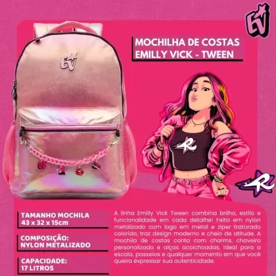 Mochila de costas rosa metálica com charms e bolso frontal