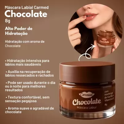 Frasco de Máscara Labial Carmed Chocolate castanha com detalhes e aplicador em cima.