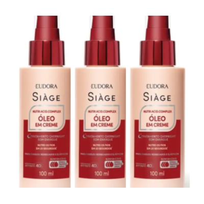 Três frascos de óleo em creme Siàge Eudora com tampas vermelhas