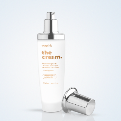 Frasco branco de loção corporal wepink the cream com tampa prateada removida