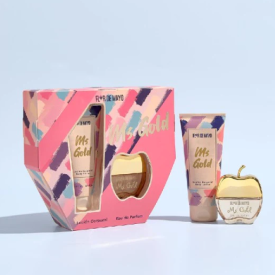 Conjunto de presente REY DE MAYO Ms Gold com loção corporal e perfume em embalagem colorida