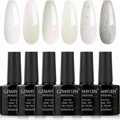 Seis frascos de verniz gel GZ MAYUEN com amostras de cores variando entre branco, perolado, glitter e cinza brilhante