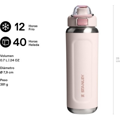 Garrafa Stanley rosa em aço inoxidável com tampo e base prateados e medidas ao lado