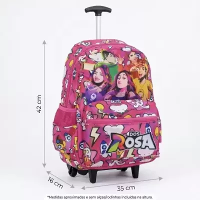 Mochila de rodinhas cor-de-rosa com personagens animados e texto DOS ROSA