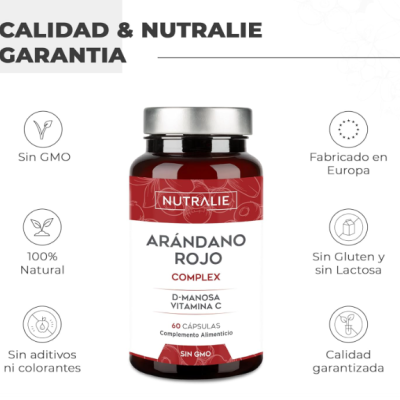 Frasco de cápsulas de suplemento Nutralie Arándano Rojo Complex