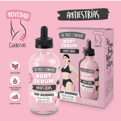 Sérum corporal anti-estrias rosa com conta-gotas e embalagem com imagem de mulher