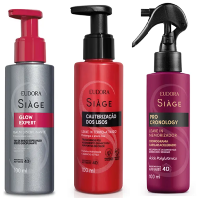 Cinco produtos Eudora Siàge em frascos coloridos alinhados
