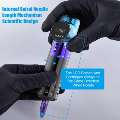 Dispositivo preto e azul com ecrã LCD e textos em inglês em fundo claro