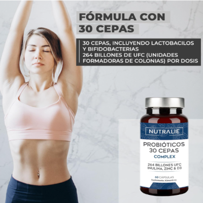 Frasco de probióticos Nutralie com mulher a fazer exercício ao lado