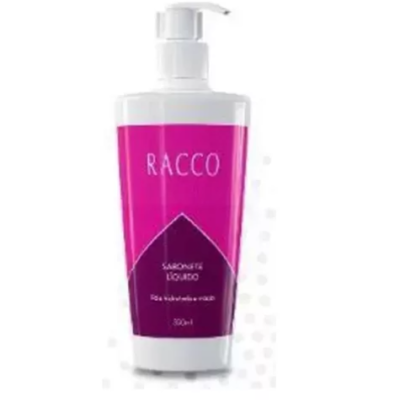 Frasco de sabão líquido RACCO branco com etiqueta rosa e roxa.