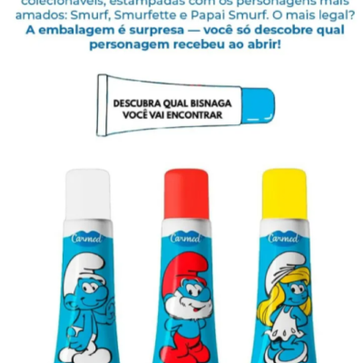 Hidratantes labiais Carmed Os Smurfs em tubos com personagens e texto promocional.