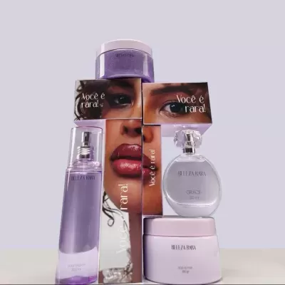 Conjunto de cosméticos BELEZA RARA com body splash, body butter, perfume e embalagens com rosto e texto Você é rara.