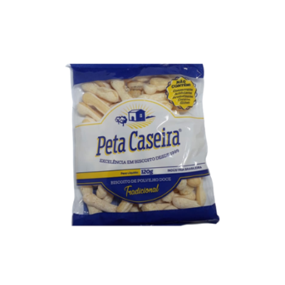 Pacote de biscoito Peta Caseira tradicional 120g em embalagem azul e branca