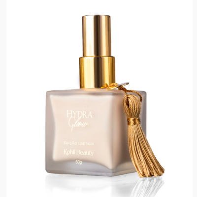 Frasco quadrado fosco com tampa dourada e tassel, texto branco frente