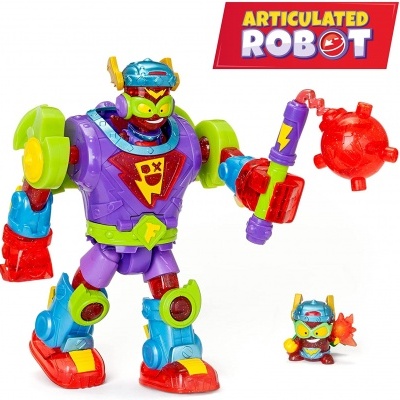 Figura de robô articulado colorido com martelo e mini robô ao lado
