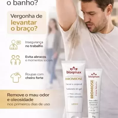 Homem a cheirar axila com nódoa na camisa e dois produtos bloqmax BROMIOSE em embalagem branca sobre mesa branca