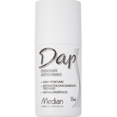 Desodorizante antitranspirante Dap branco 55 ml com texto preto