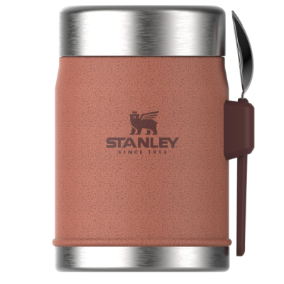 Frasco térmico castanho com logotipo Stanley e colher prateada na lateral