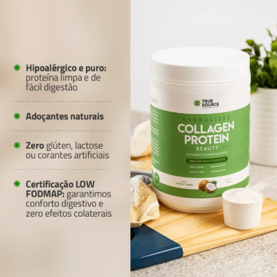 Pote de colagénio hidrolisado em pó com scoop ao lado e informações em português ao fundo