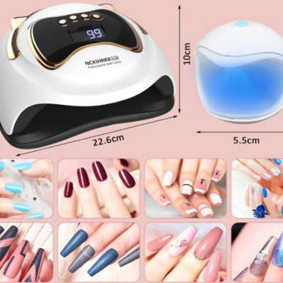 Lâmpadas UV LED para unhas com exemplos de decoração de unhas variadas