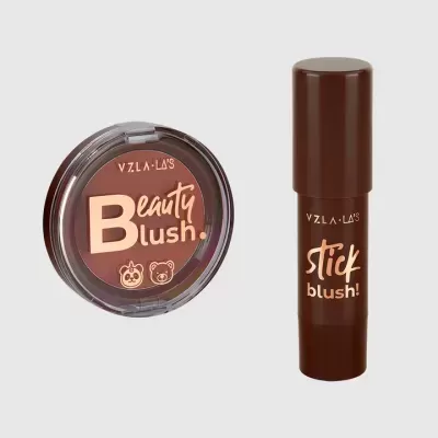Blush compacto e blush em stick castanho da marca VZLA•LA'S