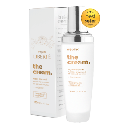 Frasco branco de loção corporal 'the cream.' da marca wepink com embalagem branca ao lado.