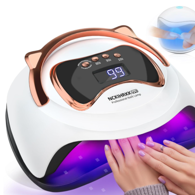 Secador de unhas LED branco com detalhes em cobre e visor digital azul.