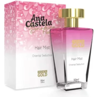 Frasco rosa e transparente de Hair Mist Ana Castela com tampa dourada e caixa rosa com padrões e texto.