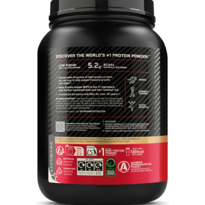 Frasco preto e vermelho de suplemento proteico com rótulo informativo e tampa preta