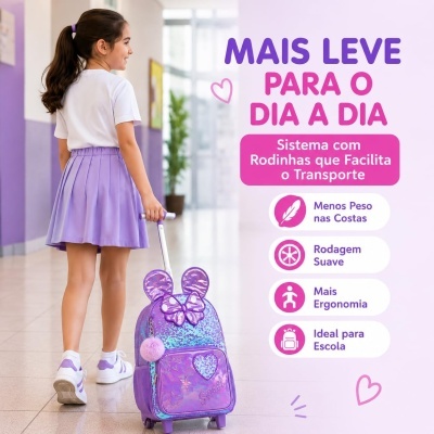 Kit&#x20;Mochila&#x20;de&#x20;Rodinhas&#x20;Infantil&#x20;Roxa&#x20;com&#x20;Lancheira&#x20;e&#x20;Estojo&#x20;-&#x20;Estilo&#x20;Princesa&#x20;Encantada