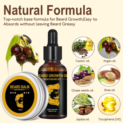 Kit de crescimento de barba com óleo e bálsamo, ingredientes naturais listados com imagens