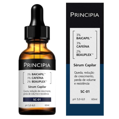 Frasco âmbar de sérum capilar Principia com conta-gotas e embalagem