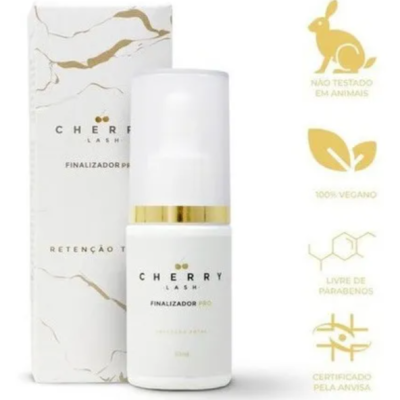 Frasco e caixa do finalizador Cherry Lash, branco com detalhes dourados, quatro ícones informativos ao lado.