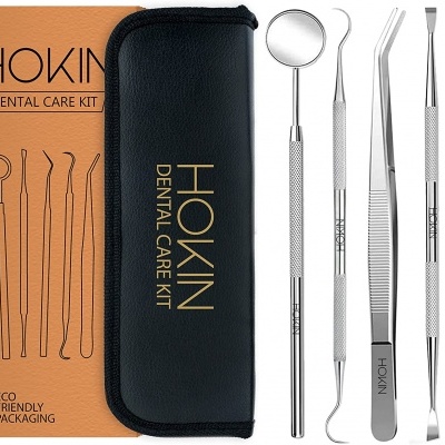 Kit de cuidados dentários HOKIN com estojo preto e cinco ferramentas de aço inoxidável