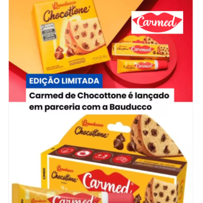 Embalagem amarela de Chocottone Bauducco e creme Carmed em fundo vermelho e amarelo