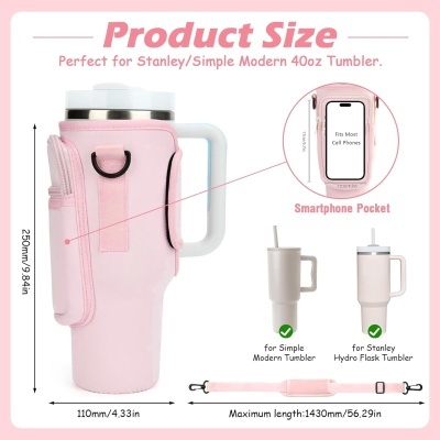 Suporte rosa para copo térmico com bolso para smartphone e alça ajustável
