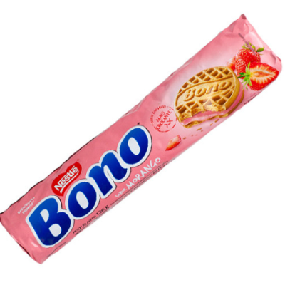 Pacote rosa de bolachas Bono sabor morango com imagem de bolachas e morangos.