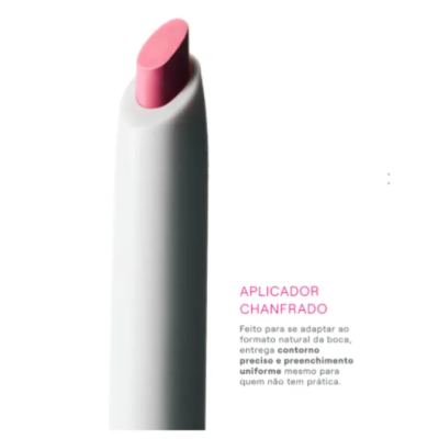 batom rosa claro com embalagem branca e texto descritivo em português