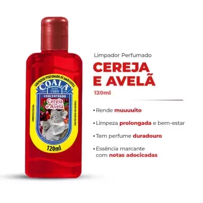 Frasco vermelho de limpador perfumado COALA cereja e avelã 120ml