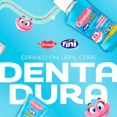 Embalagens de creme dental Carmed Fini Oral Care em fundo azul com personagens caricaturados e texto promocional