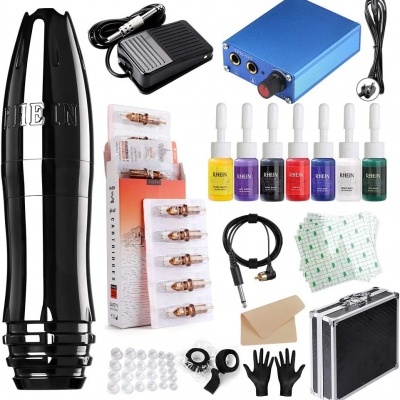 Conjunto completo para tatuagem com máquina preta, tintas coloridas, agulhas, acessórios e estojo preto