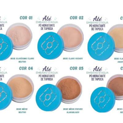 Seis pós compactos em diferentes tons de bege com tampas azuis e descrições em português.