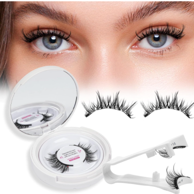 Pestanas postiças pretas volumosas com embalagem branca redonda e aplicador