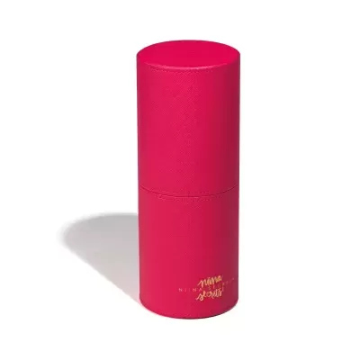 Embalagem cilíndrica rosa com texto dourado