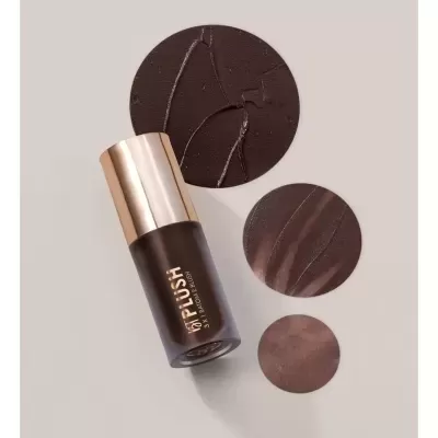 Batom e blush em stick castanho com tampa dourada e amostras circulares de cores castanhas