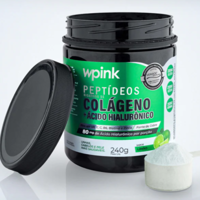 Frasco de suplemento wPink Colágeno e Ácido Hialurónico com colher de pó