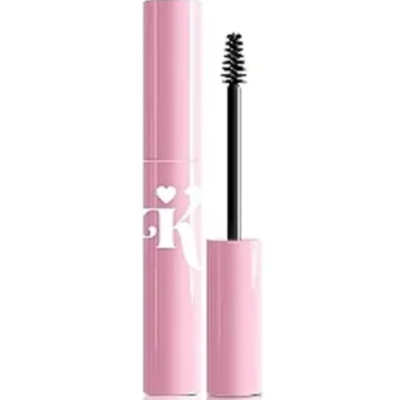 Máscara de pestanas rosa com aplicador preto e texto branco parcial